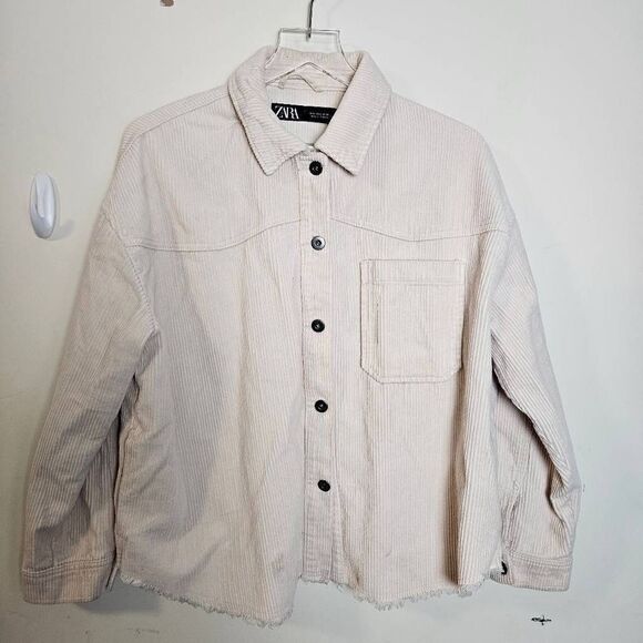 Zara Corduroy Shacket Jacket Cropped Oversized Cotton Cream Large Fringed Hem - Picture 4 of 8